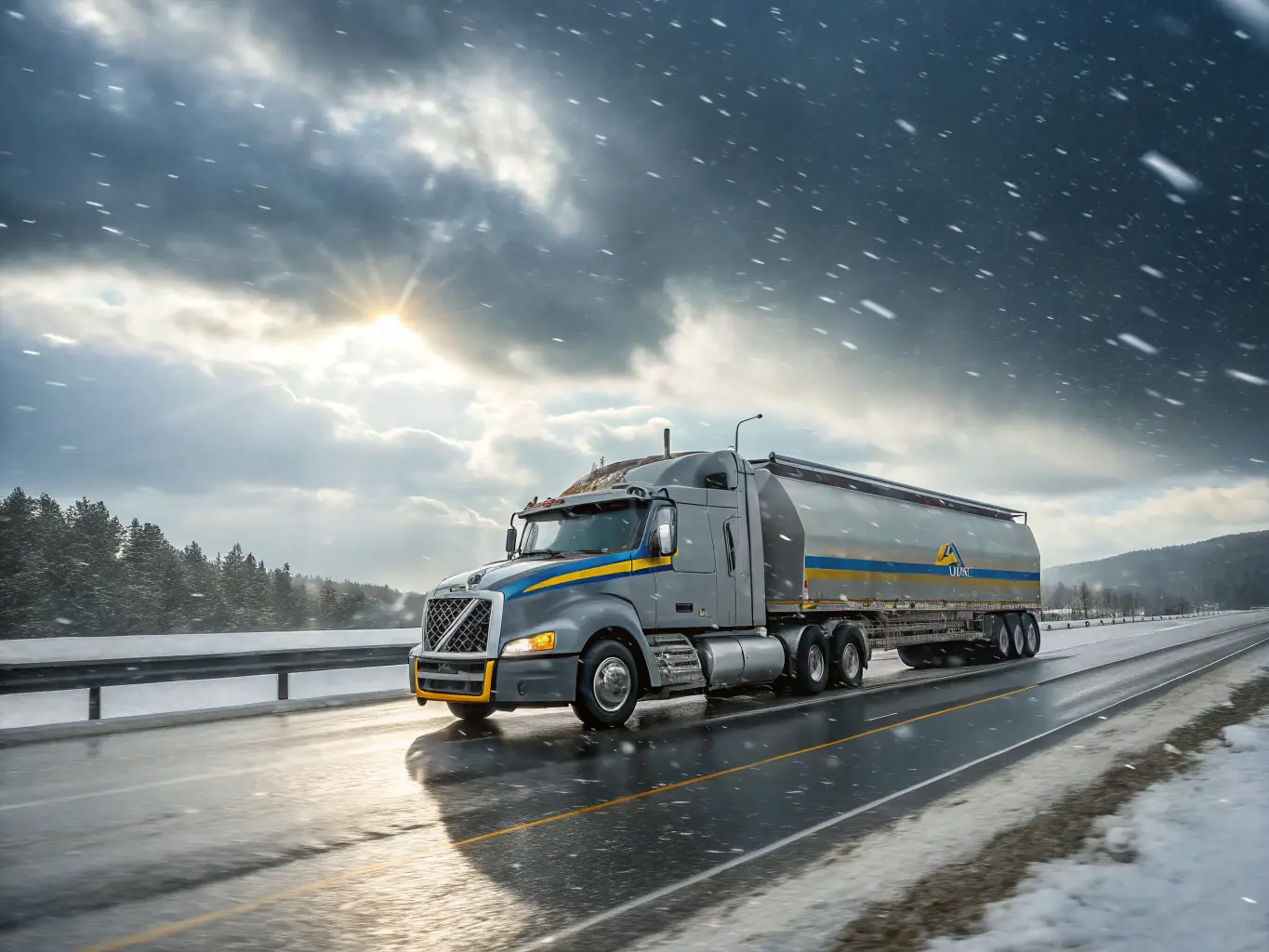 An image depicting a Sargaalsare truck transporting car parts on a sunny highway, emphasizing the company's expertise in handling automotive components.